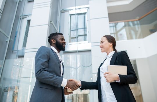 Greeting business colleague in company